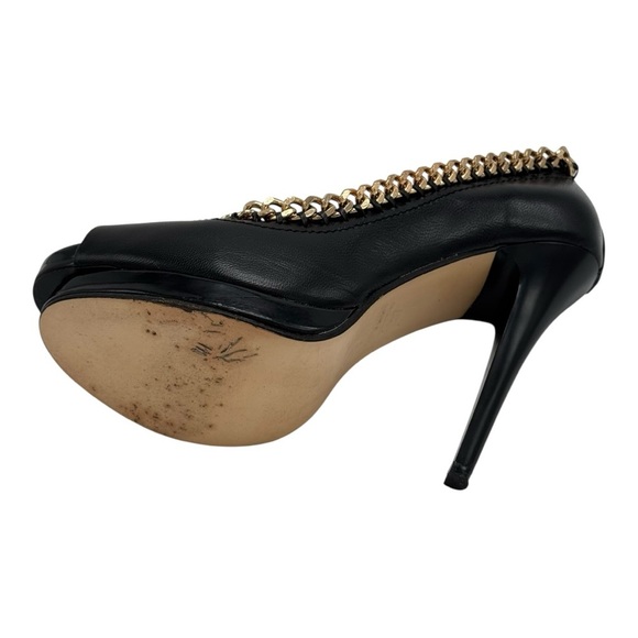 Giuseppe Zanotti Black Leather Peep Toe Heels Gold Chain Detail Size 6.5 - Picture 11 of 13